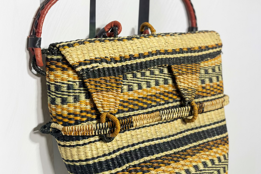 Hand-woven Bolga rucksack — ethical African straw backpack, Ghanaian artisan craftsmanship