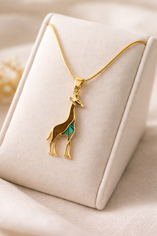 Gold giraffe pendant necklace with abalone shell inlay - African wildlife safari jewellery