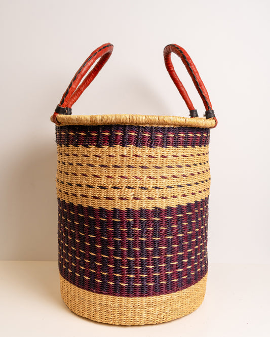 Large handwoven Bolga laundry basket in burgundy and tan stripe with leather handles - elephant grass storage hamper, Ghana