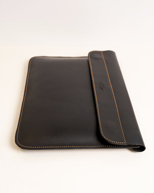 Genuine leather laptop sleeve jet black — handcrafted African leather laptop case