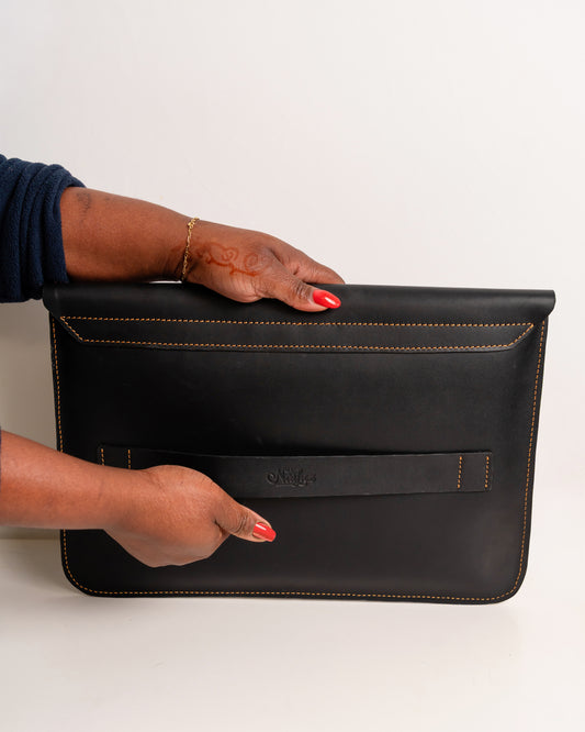 Genuine leather laptop sleeve jet black — handcrafted African leather laptop case