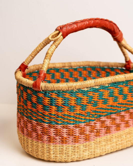 AKUA hand-woven Bolga market basket with leather handle — fair trade ethical Ghanaian elephant grass craft