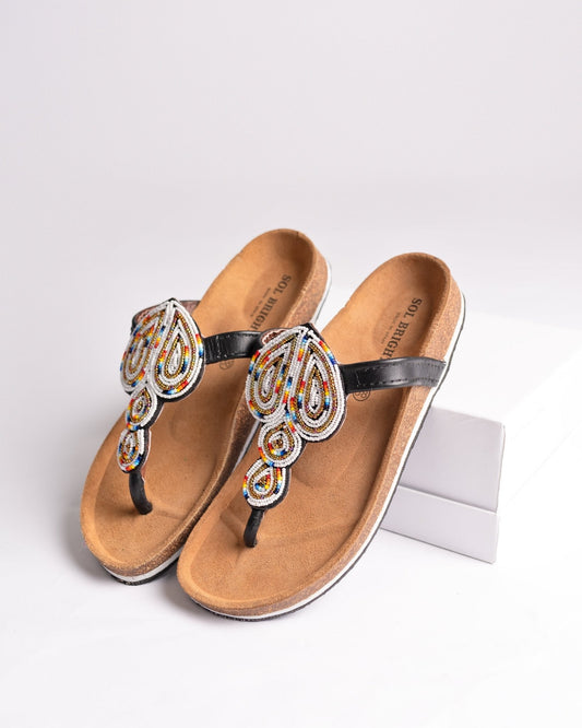 Hand-beaded Kenyan leather Birkenstock slippers with Maasai beadwork, Ref BERK 3086 — handcrafted in Kenya