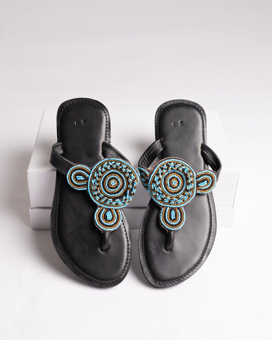 Hand-beaded Kenyan leather comfy slippers with Maasai beadwork, Ref 2977 — handcrafted in Kenya