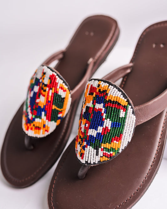Hand-beaded Kenyan leather comfy slippers with Maasai beadwork, Ref 3001 — handcrafted in Kenya