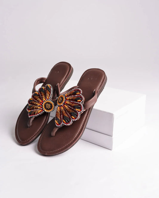 Hand-beaded Kenyan leather comfy slippers with Maasai beadwork, Ref 2002 — handcrafted in Kenya
