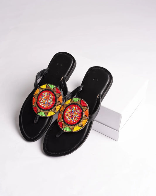 Hand-beaded Kenyan leather comfy slippers with Maasai beadwork, Ref 3005 — handcrafted in Kenya