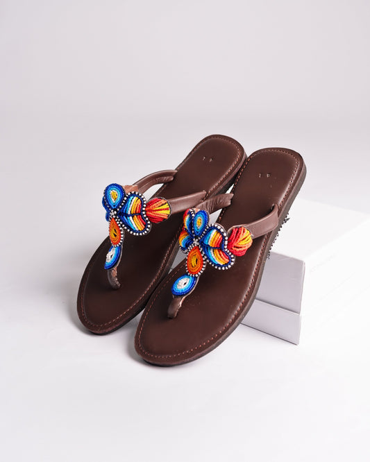 Hand-beaded Kenyan leather comfy slippers with Maasai beadwork, Ref 3006 — handcrafted in Kenya