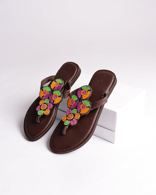 Hand-beaded Kenyan leather comfy slippers with Maasai beadwork, Ref 3009 — handcrafted in Kenya