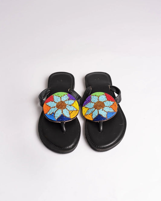 Hand-beaded Kenyan leather comfy slippers with Maasai beadwork, Ref 3165 — handcrafted in Kenya