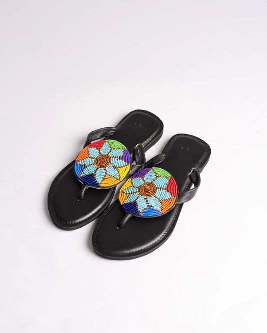 Hand-beaded Kenyan leather comfy slippers with Maasai beadwork, Ref 3165 — handcrafted in Kenya