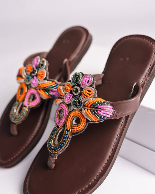 Hand-beaded Kenyan leather comfy slippers with Maasai beadwork, Ref 3175 — handcrafted in Kenya