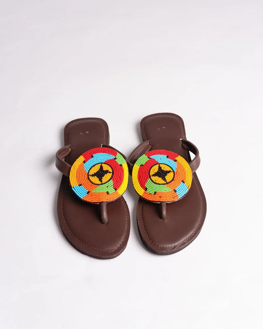 Hand-beaded Kenyan leather comfy slippers with Maasai beadwork, Ref 3233 — handcrafted in Kenya