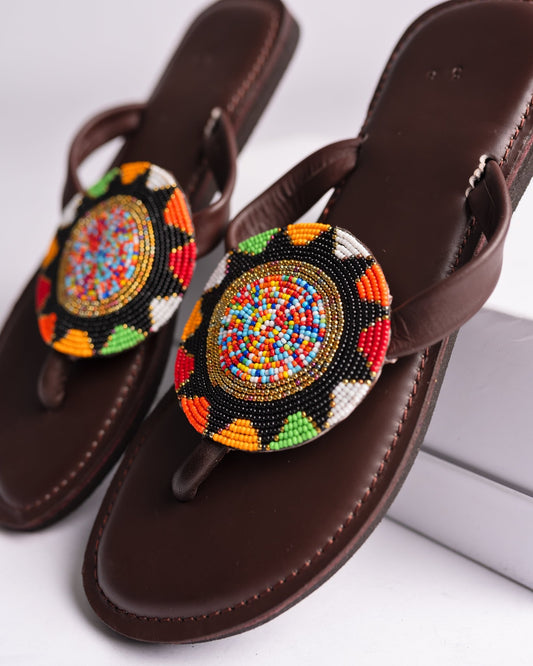 Hand-beaded Kenyan leather comfy slippers with Maasai beadwork, Ref 3444 — handcrafted in Kenya
