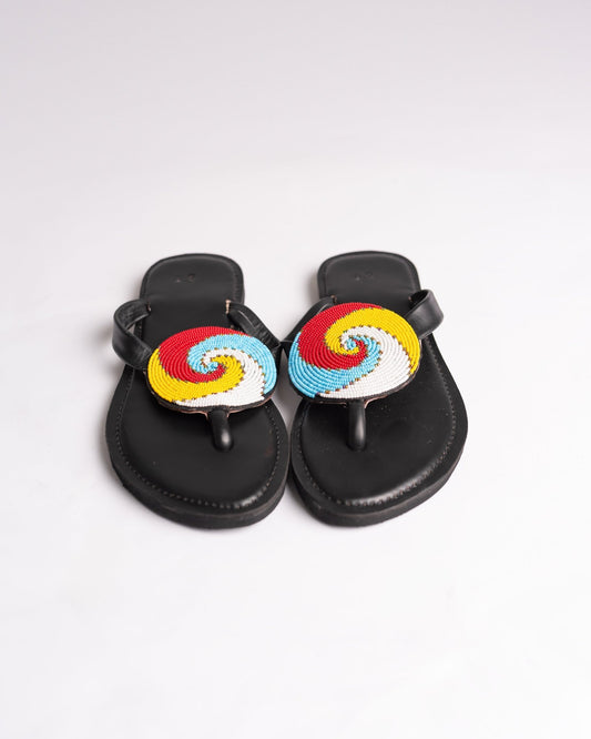Hand-beaded Kenyan leather comfy slippers with Maasai beadwork, Ref 3061 — handcrafted in Kenya