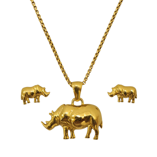 Big 5 gold rhino necklace and earring set by H2Wild - 18k gold-plated polished rhino pendant on a chain, with matching rhino stud earrings