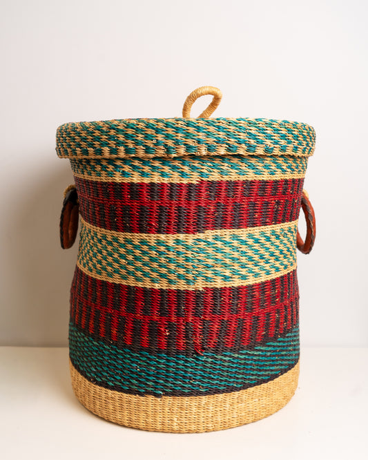 Bolga laundry basket with lid, red, teal and black stripe, handwoven elephant grass basket with leather handles, Ghana