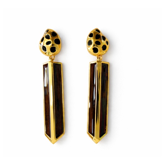 Gold-plated cheetah-print drop earrings with genuine wood inlay, shown as a flat-lay pair on a white background