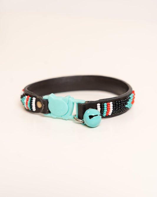 Hand-beaded leather Paka cat collar — African handmade kitten collar with bell, Kenyan artisan