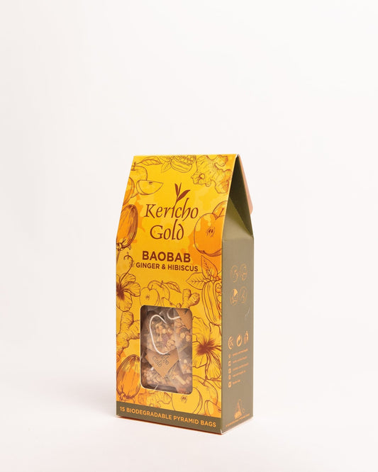 Kericho Gold Baobab Ginger and Hibiscus herbal tea 15 bags — premium Kenyan blend