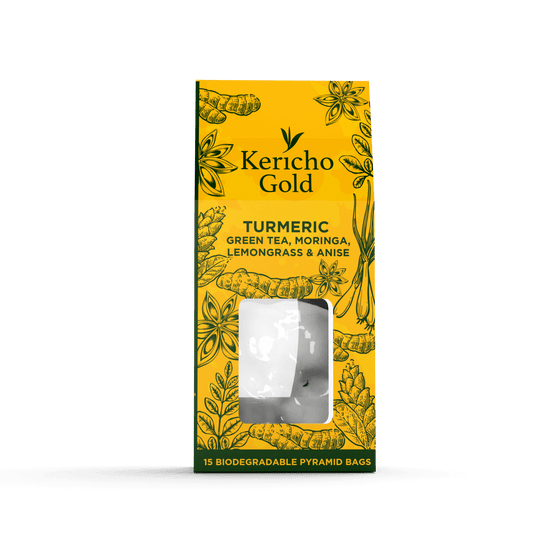 Kericho Gold turmeric green tea and moringa 15 bags — premium East African herbal tea blend