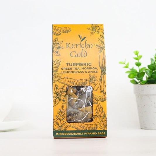 Kericho Gold turmeric green tea and moringa 15 bags — premium East African herbal tea blend