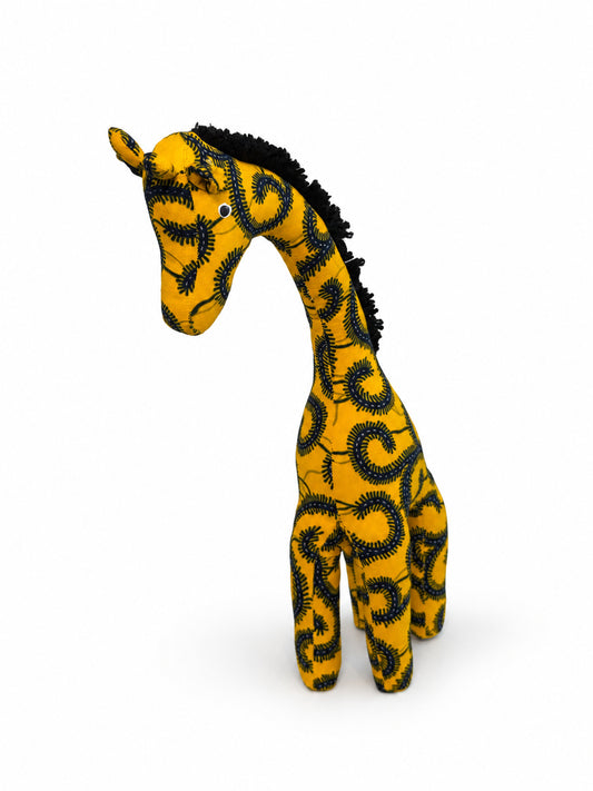 Large yellow Ankara print giraffe decoration, front view with head bowed, handmade in Ghana