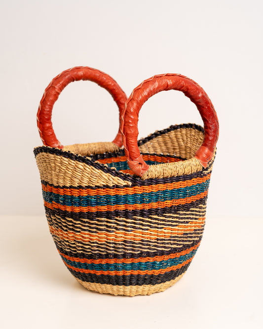 Mini Bolga U-shopper basket, handwoven elephant grass with orange leather handles and orange, teal and black stripes, Ghana