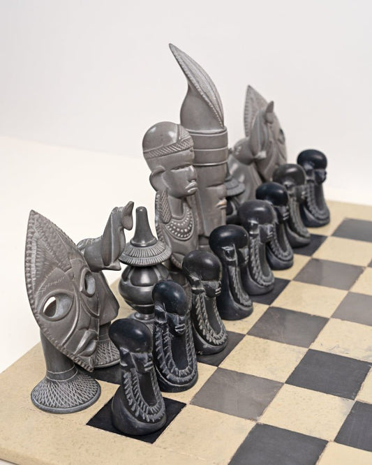 Hand-carved African soapstone chess set with tribal motif pieces — Kenyan artisan gift