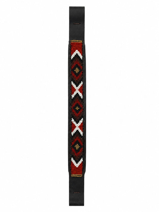 Handmade Maasai beaded horse browband in genuine black leather with red, black and white beadwork – 15.5 inch
