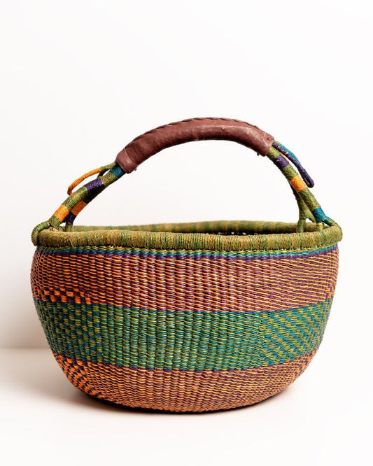 Obaa Sima hand-woven round basket — Perfect Woman, vibrant ethical Ghanaian artisan basket