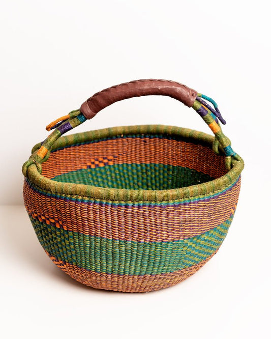 Obaa Sima hand-woven round basket — Perfect Woman, vibrant ethical Ghanaian artisan basket