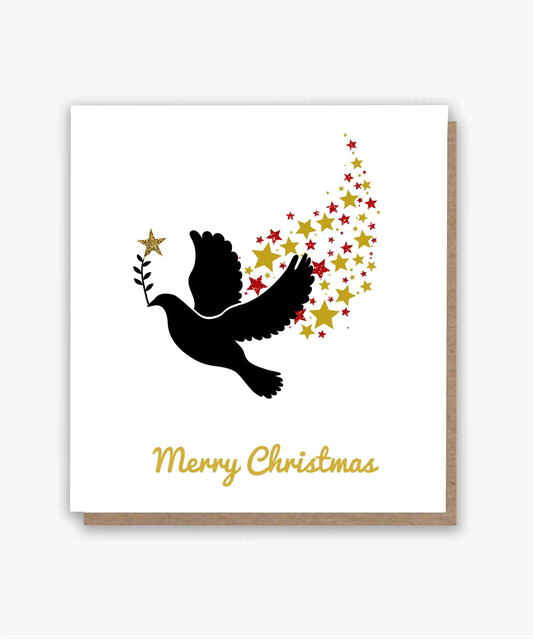 Peace and Joy dove Christmas card with a black dove, red and gold stars and Merry Christmas lettering, from Nathez Out of Africa.