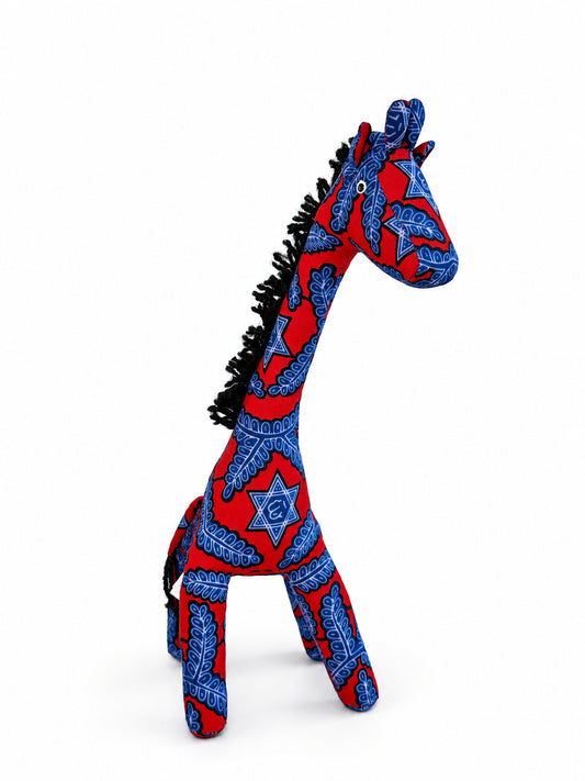 Red Ankara giraffe decoration with blue leaf and star print, three-quarter view