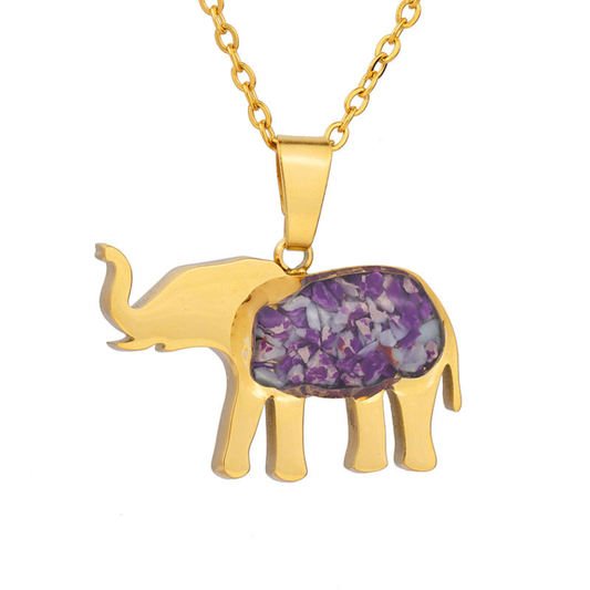 Gold-plated elephant pendant necklace with a purple imperial jasper inlay on a gold chain, on a plain white background.