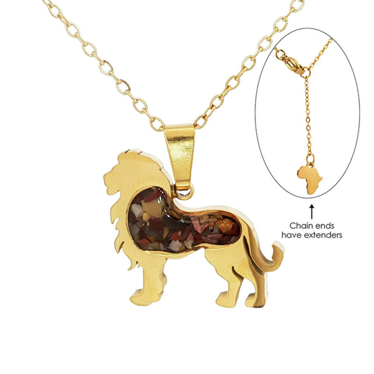 Gold-plated lion pendant necklace with a mookaite inlay, with an inset showing the chain extender and small Africa-shaped charm tag.