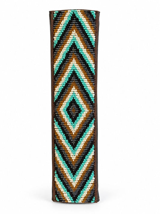 Turquoise and gold Maasai beaded seat belt cover with a bold diamond pattern, handmade in Kenya