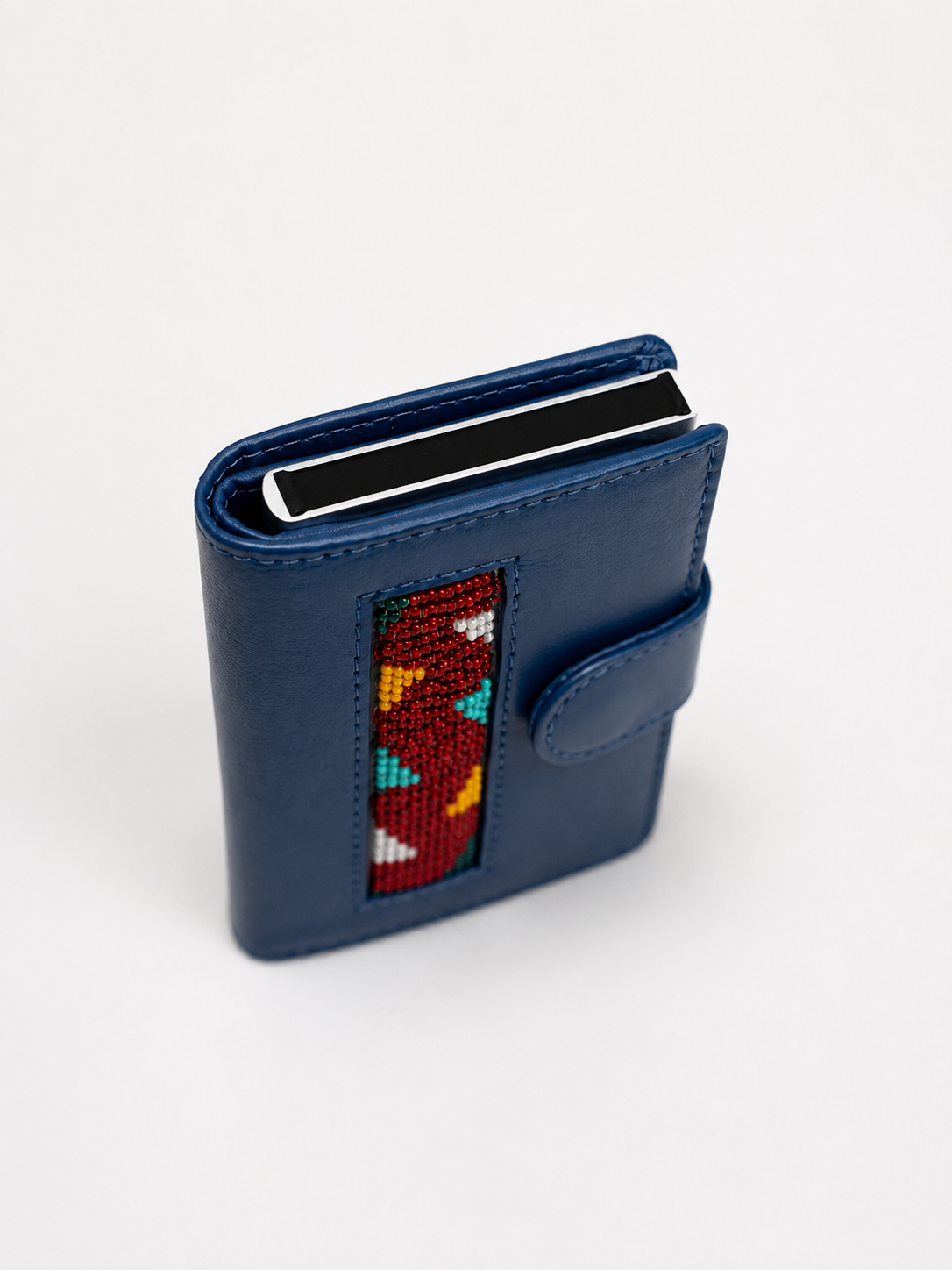 Blue handmade leather RFID wallet with Maasai-inspired multicolour beadwork panel, snap closure