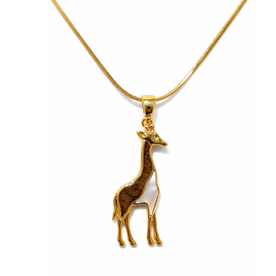 Gold-plated giraffe pendant necklace with wood and mother-of-pearl inlay, on a gold snake chain
