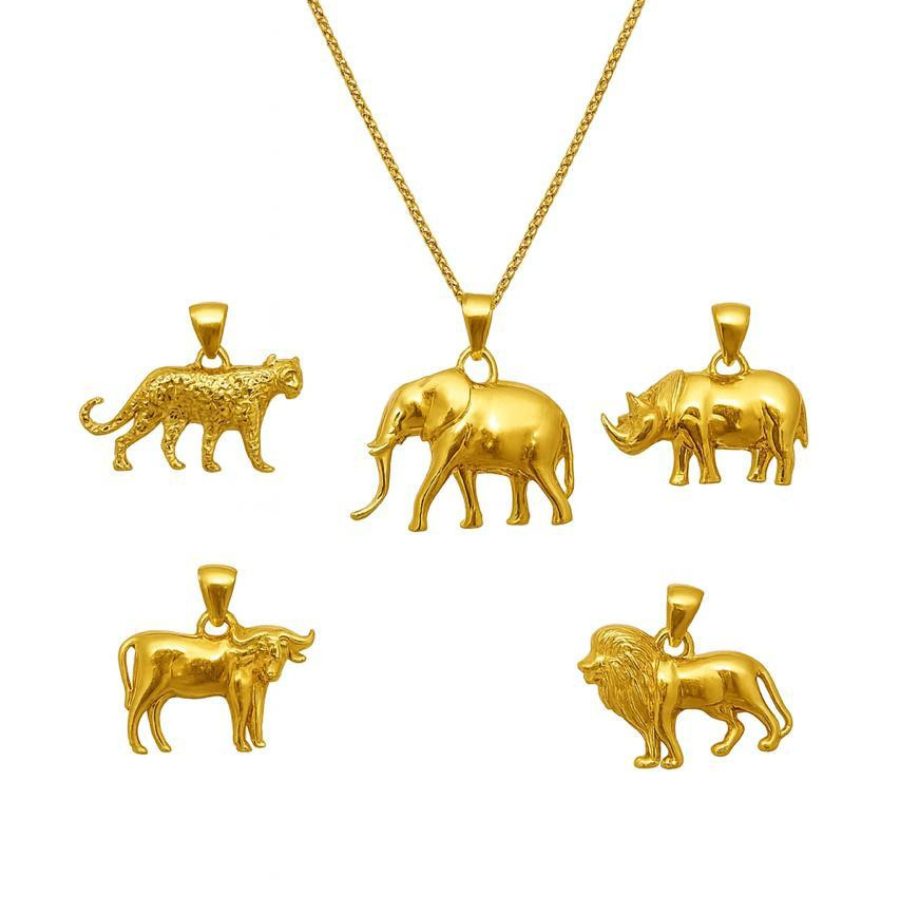 Gold-plated interchangeable Big Five charm necklace with lion, elephant, rhino, buffalo and leopard charms and chain