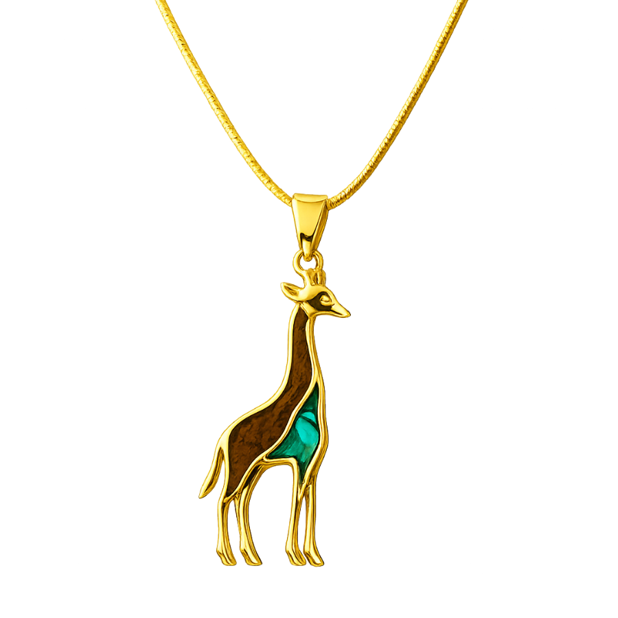 Gold giraffe necklace pendant close-up - safari jewellery with abalone shell inlay