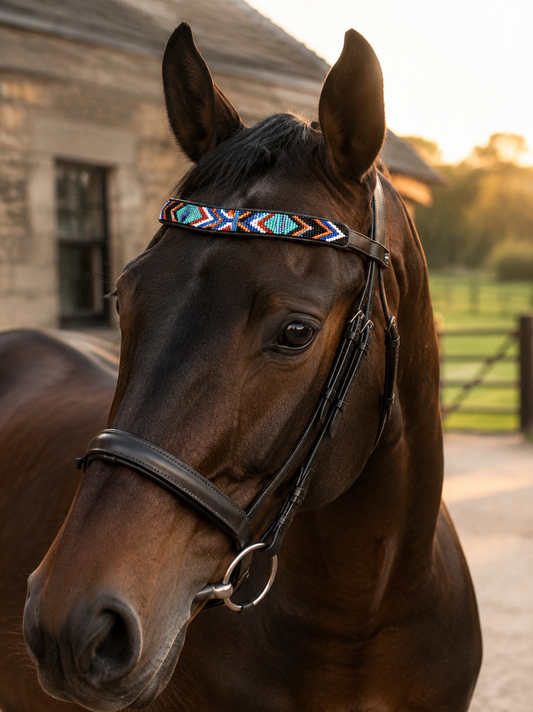 Handmade Maasai Beaded Horse Browband | Genuine Leather 15.5" | Multicolour