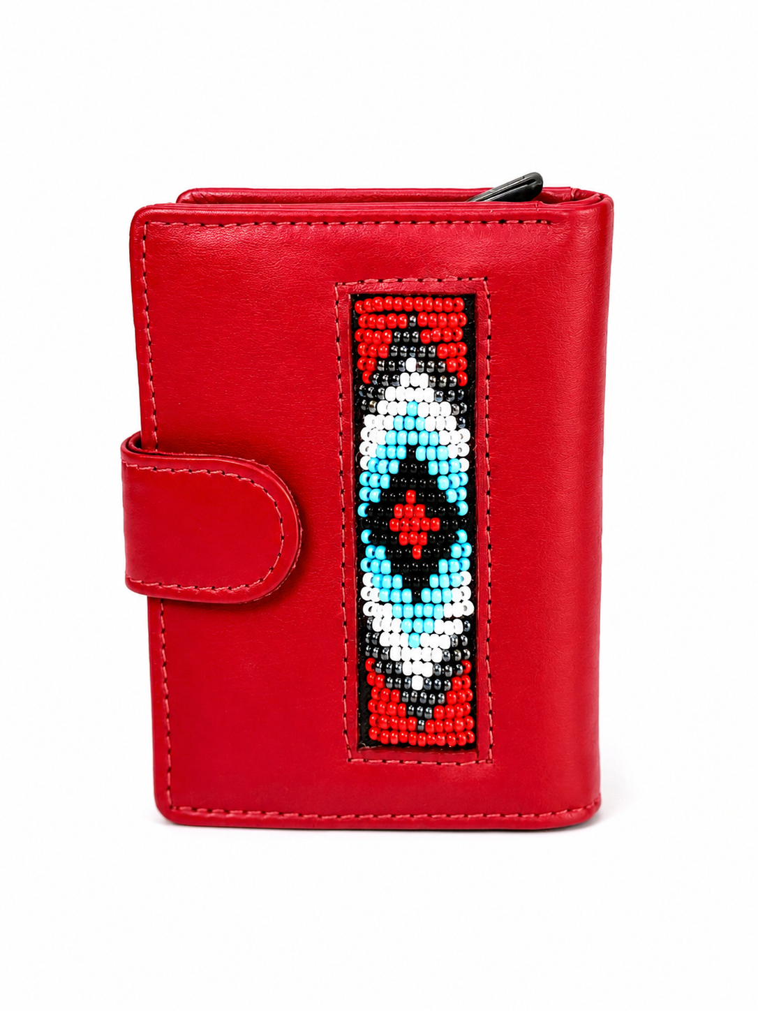 Side angle of compact handmade leather wallet with bead detailing