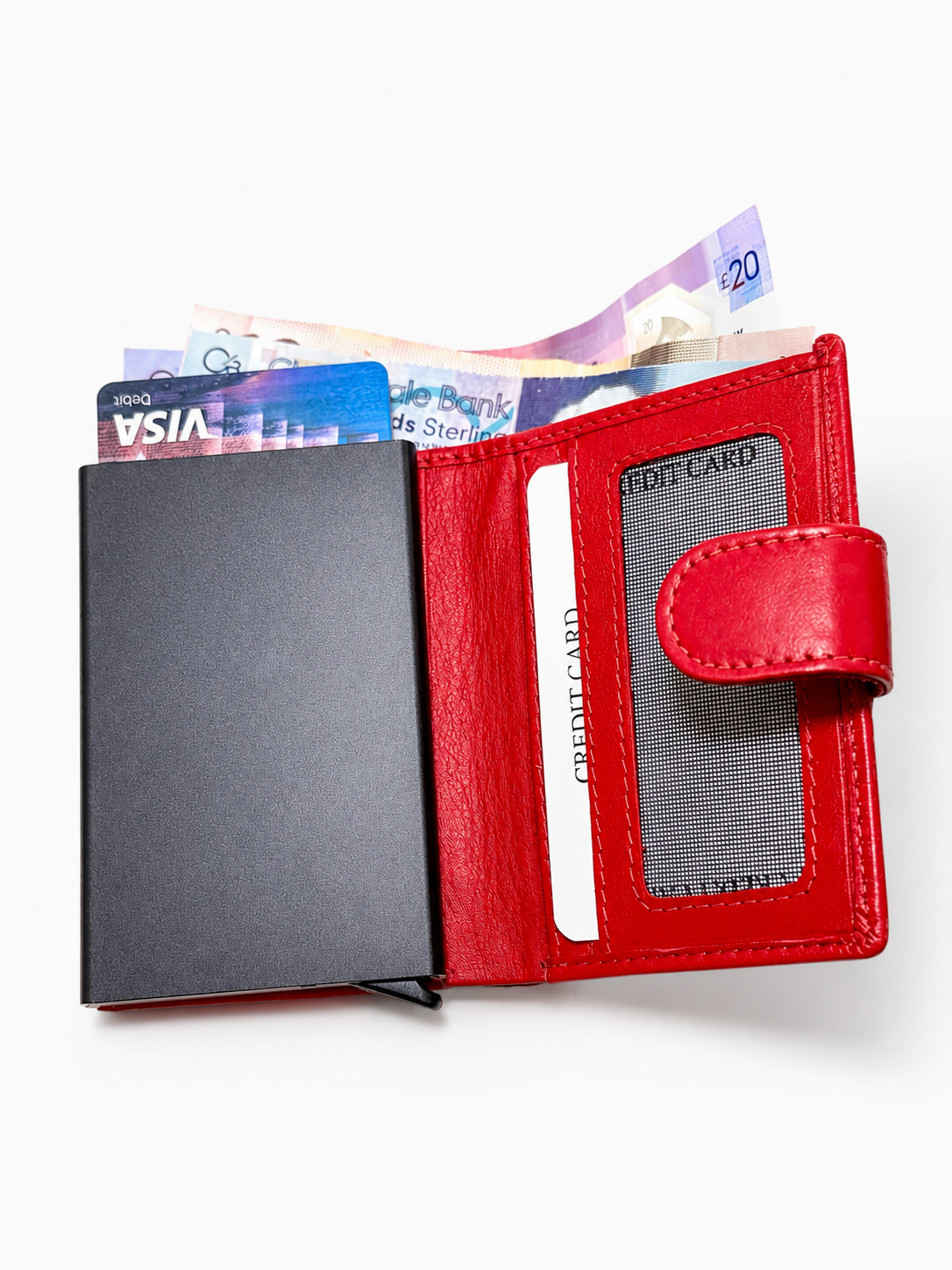 Interior view of handmade leather wallet with card slots and RFID protection