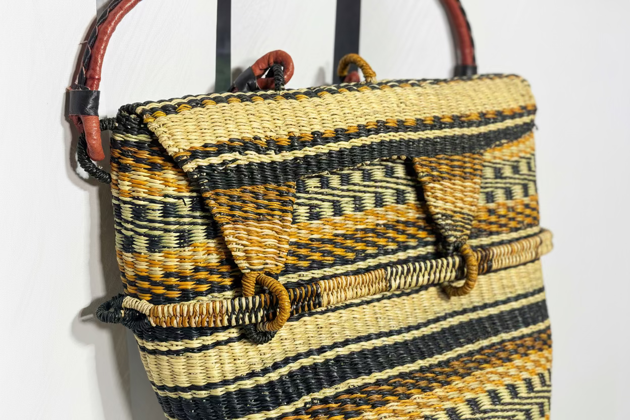 Hand-woven Bolga rucksack — ethical African straw backpack, Ghanaian artisan craftsmanship