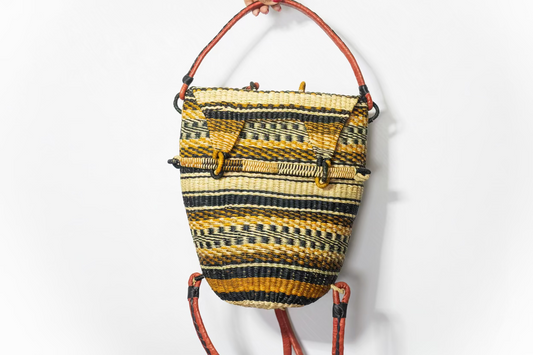 Hand-woven Bolga rucksack — ethical African straw backpack, Ghanaian artisan craftsmanship
