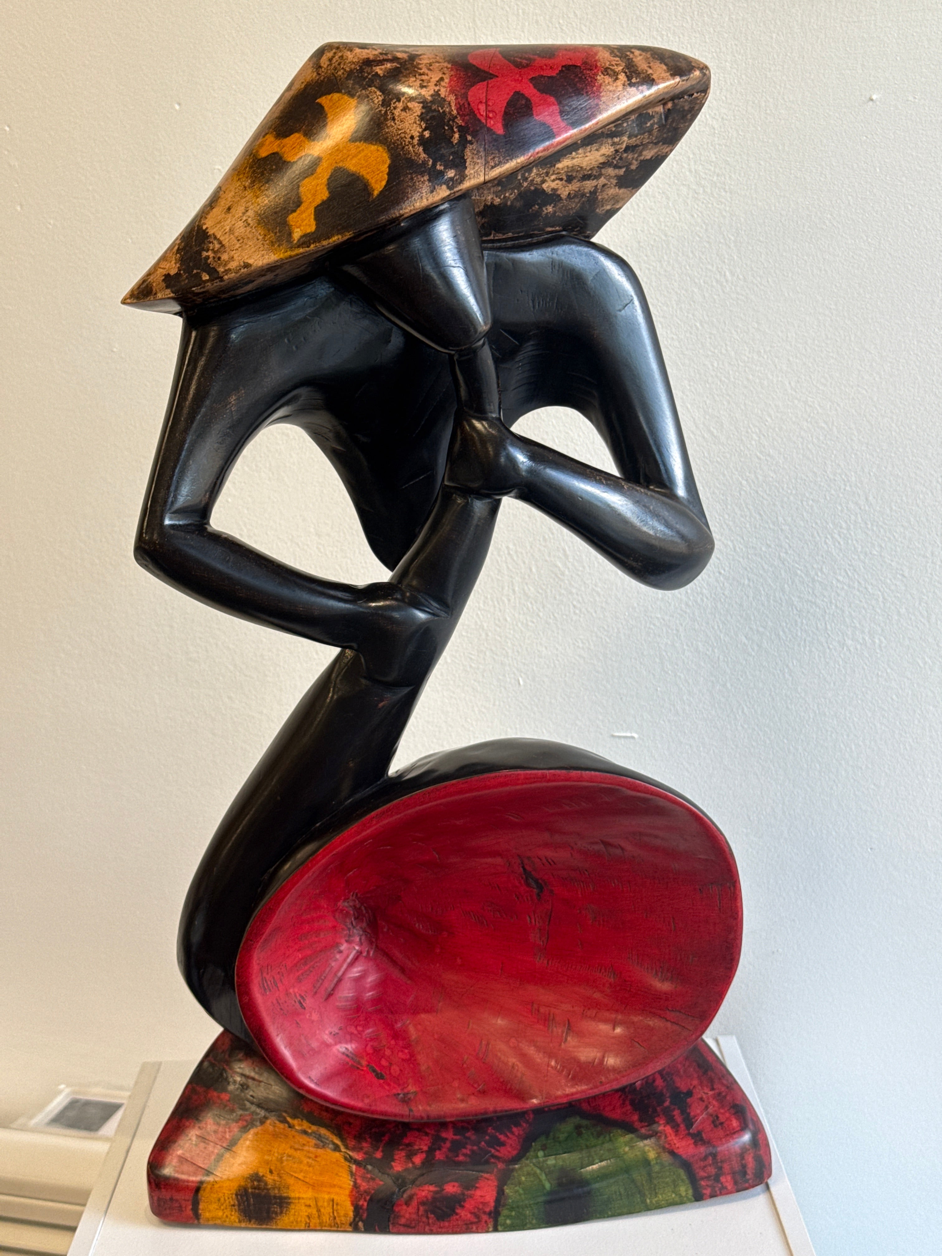 African mahogany musician sculpture with colourful hand-painted details