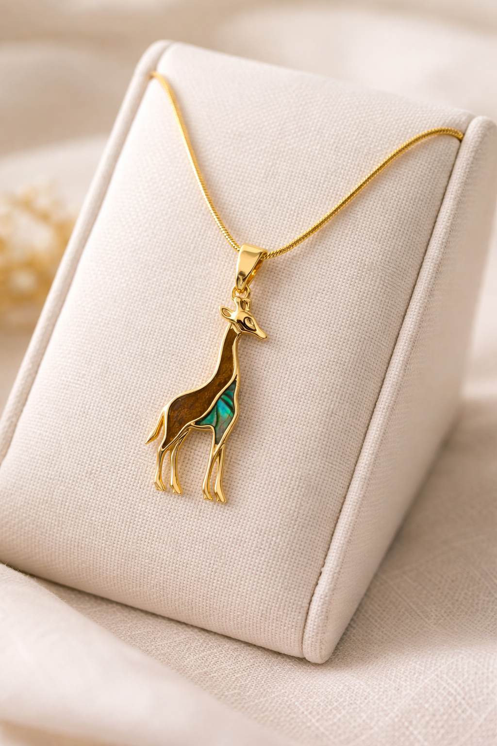 Gold giraffe pendant necklace with abalone shell inlay - African wildlife safari jewellery