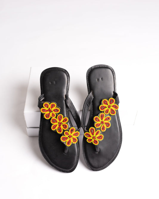 Hand-beaded Kenyan leather comfy slippers with Maasai beadwork, Ref 3017 — handcrafted in Kenya