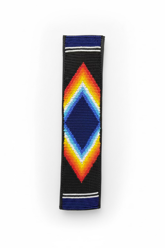 Nathez hand-beaded seat belt cover with Maasai beadwork — Kenyan leather-backed artisan car accessory